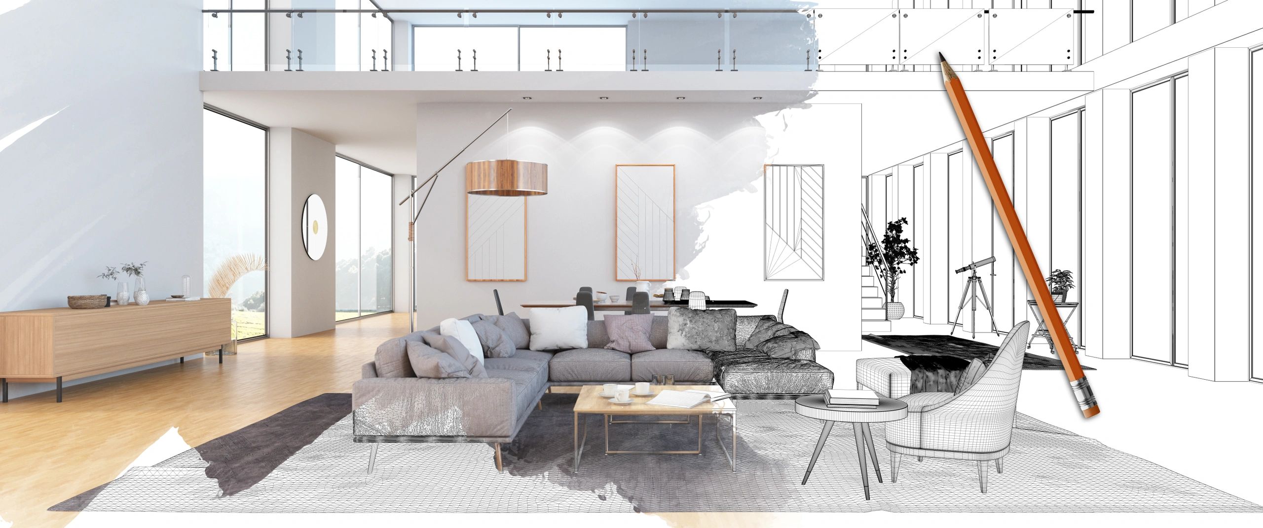 Open-concept lounge with organic materials